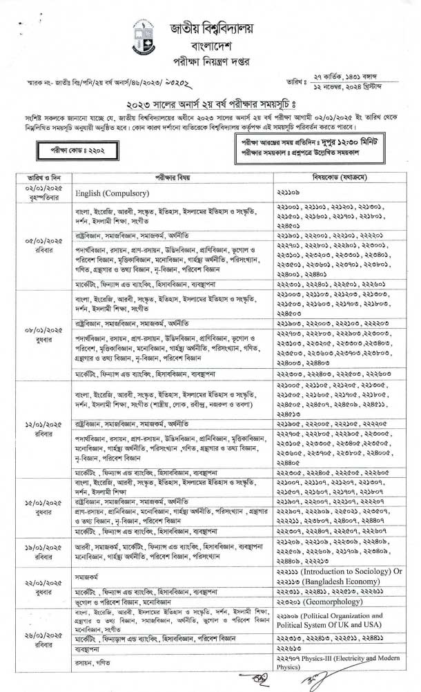 Honours 2nd Year Routine 2024